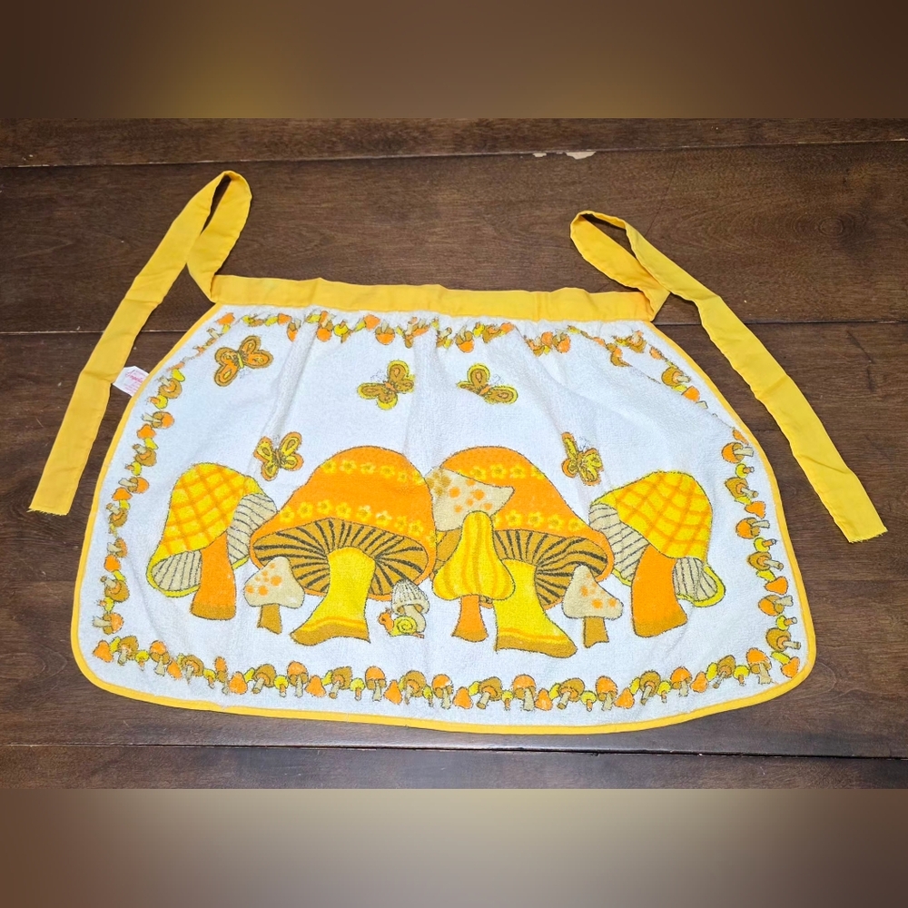 Vintage 1970's Mushroom Apron Imperial Terry Butterflies Snail Orange Yellow